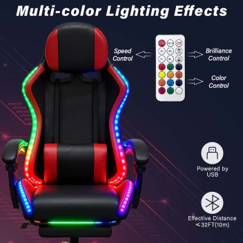 Καρέκλα gaming δερματίνης με Υποπόδιο RGB φωτισμό, μασάζ & ηχεία Bluetooth – red/black