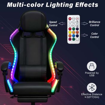 Καρέκλα gaming δερματίνης με υποπόδιο RGB φωτισμό, μασάζ & ηχεία Bluetooth – Βlack