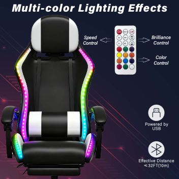 Καρέκλα gaming δερματίνης με Υποπόδιο RGB φωτισμό, μασάζ & ηχεία Bluetooth – black/white